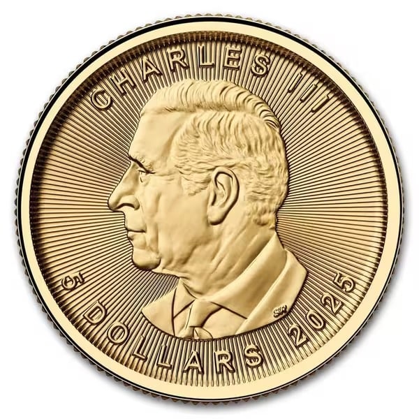 2025 1/10 oz Canadian Gold Maple Leaf Uncirculated: The 2025 Canadian Gold Maple Leaf contains 1/10 oz of .9999 fine gold. Issued by the Royal Canadian Mint, it features the iconic maple leaf design recognized worldwide. A popular gold bullion coin off