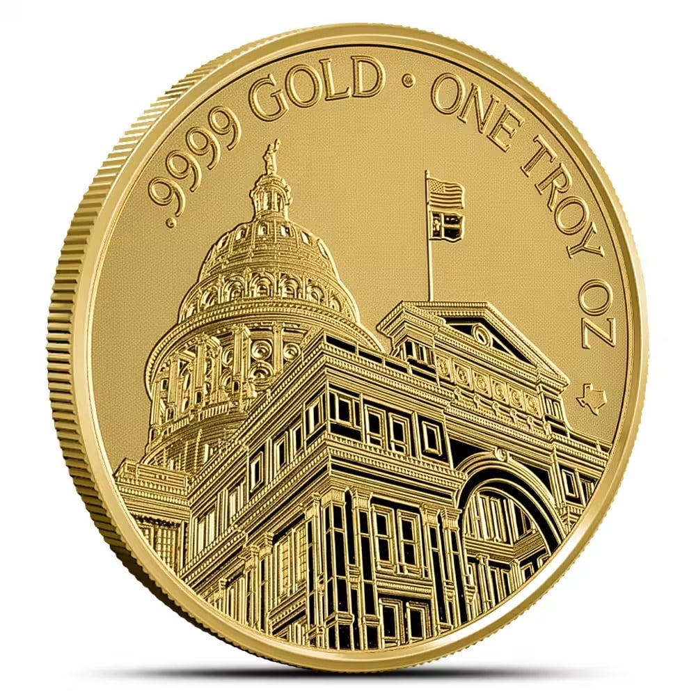 2026 1 oz Texas Mint State Capitol Gold Round (New): The 2026 Texas Mint State Capitol Gold Round contains 1 Troy Ounce of fine gold and features the iconic Texas State Capitol. Its detailed design pays tribute to the rich history and heritage of Texas.