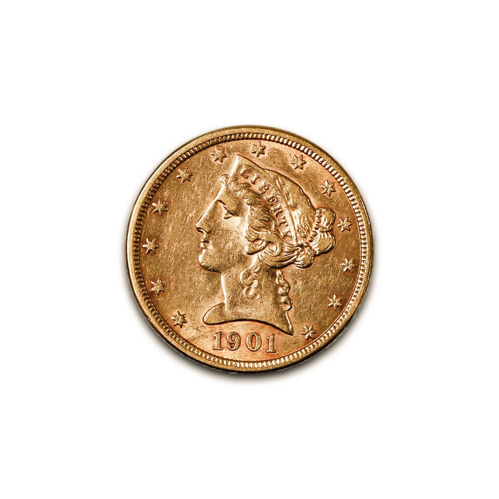 $5 Gold Liberty 1901 XF: The 1901 $5 Gold Liberty coin is part of the Liberty Head Half Eagle series (18391908), designed by Christian Gobrecht. The obverse features a left-facing portrait of Lady Liberty, adorned with a coro