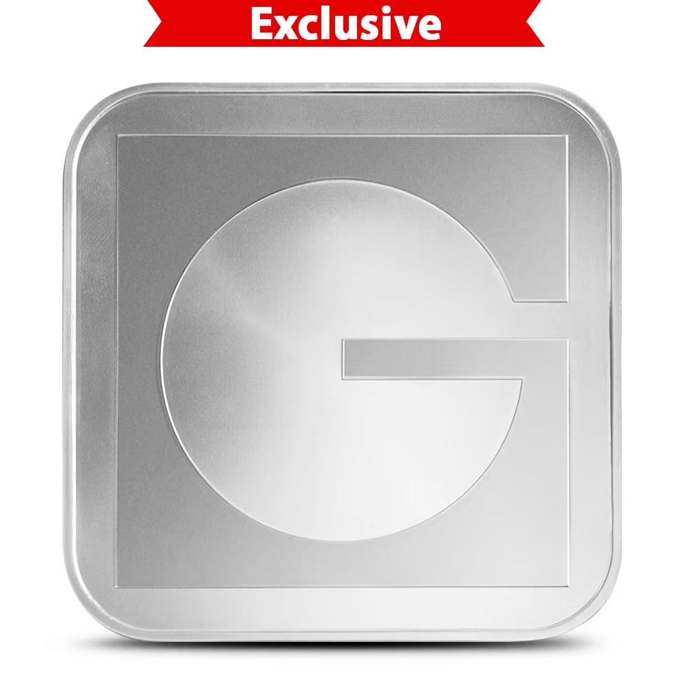 10 oz GOLD.COM Square Silver Bar (New): 10 troy oz .999 fine silver bar from GOLD.COM celebrates the company?s rebranding from A-Mark Precious Metals and combines premium craftsmanship with collectible appeal. Each bar arrives sealed in pro