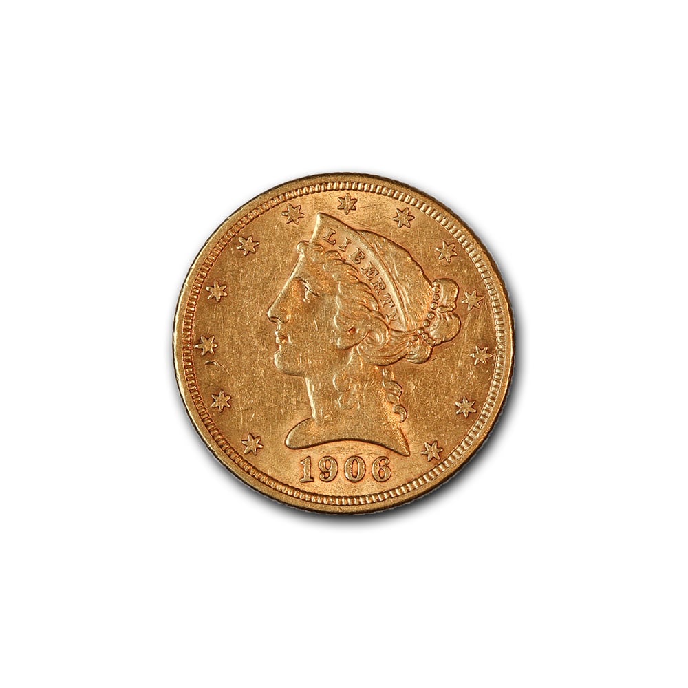 $5 Gold Liberty 1906-S XF: This $5 Gold Liberty 1906-S is a striking example of early 20th-century American coinage, now preserved in Brilliant Uncirculated (BU) condition. Struck at the historic San Francisco Mint, this coin r
