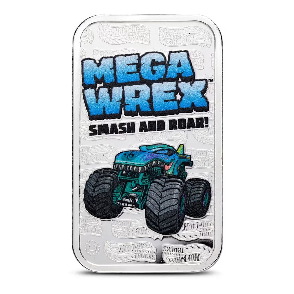 1 oz Colorized Hot Wheels Monster Trucks Mega Wrex Silver Bar (New, Proof-Like) (1 of 2)