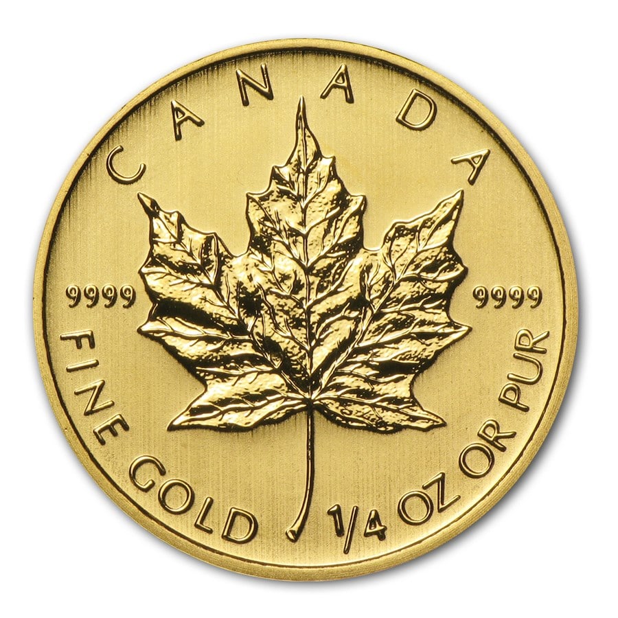 2014 Canada 1/4 oz Gold Maple Leaf BU: 2014 Canada 1/4 oz Gold Maple Leaf BU, struck in 1/4 troy ounce of .9999 fine gold, combines classic Canadian design with investment-grade purity. Multiples of 20 are shipped in sealed RCM plastic she