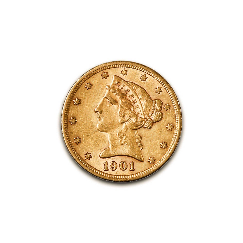 $5 Gold Liberty 1901-S XF: The 1901-S $5 Gold Liberty coin is part of the Liberty Head Half Eagle series (18391908), designed by Christian Gobrecht, the third Chief Engraver of the U.S. Mint. The obverse features a left-facing 