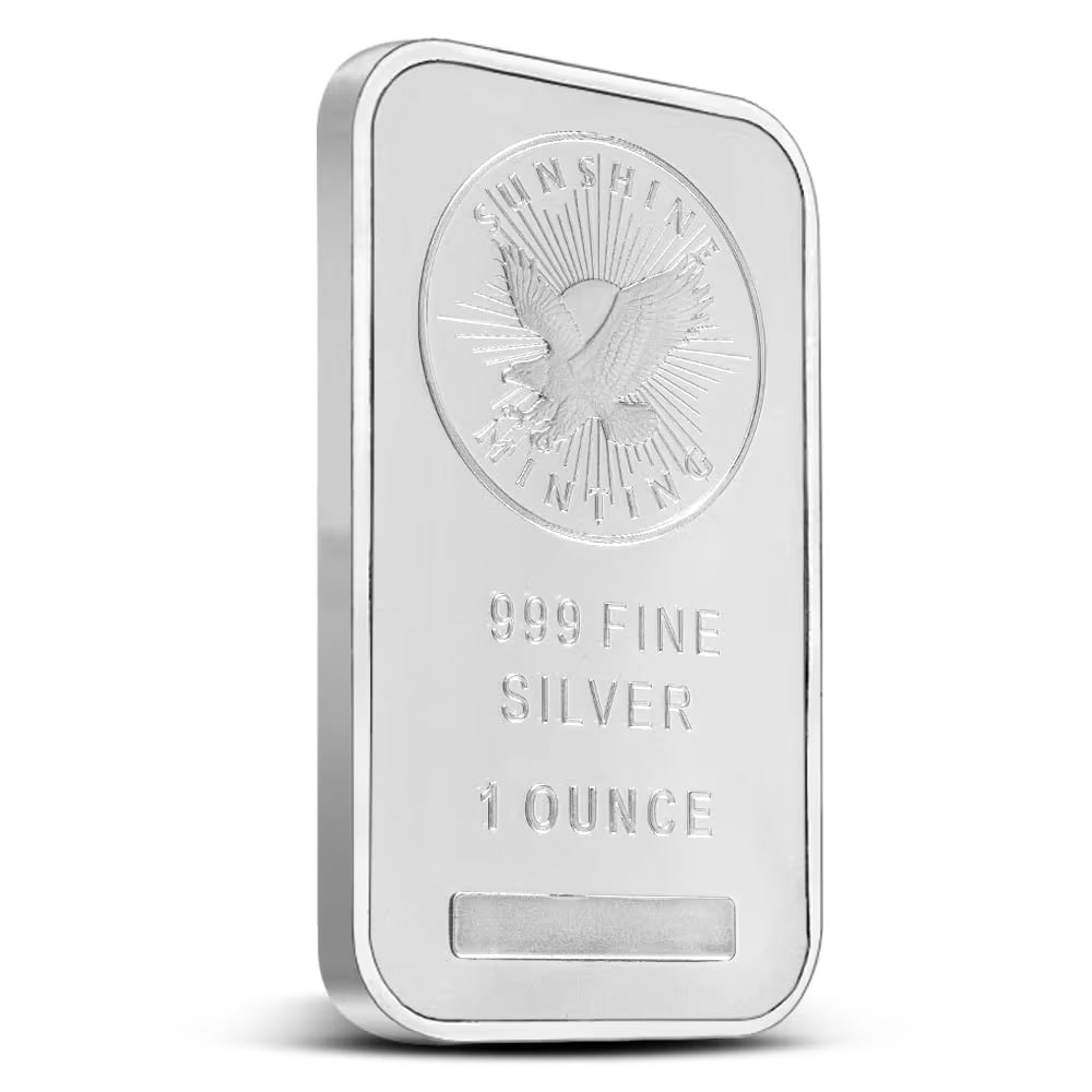 1 oz Sunshine Silver Bar (New, MintMark SI): Produced by Sunshine Minting, this 1 oz .999 fine silver bar features the MintMark SI security feature for added authentication. Recognized worldwide for quality and reliability, Sunshine bars are a s