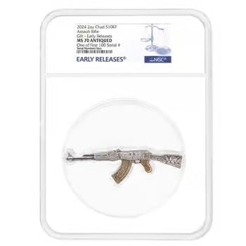 2024 Chad 2 oz Silver Assault Rifle Gilded NGC MS 70 ER One of First 100: 2024 Chad 2 oz Silver Assault Rifle Gilded, NGC MS70 ER (First 100) Ultra-limited Weapons of War Series release struck in 2 oz .999 silver with high relief, antiqued finish, and partial gold gilding.