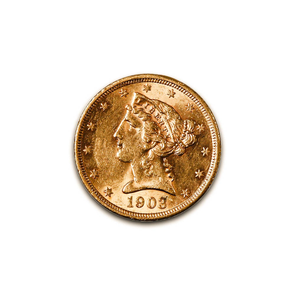 $5 Gold Liberty 1903-S XF: The 1903-S $5 Gold Liberty coin is a distinguished piece of early 20th-century American numismatics. Part of the Liberty Head Half Eagle series (18381908), this coin exemplifies the artistry, craftsma