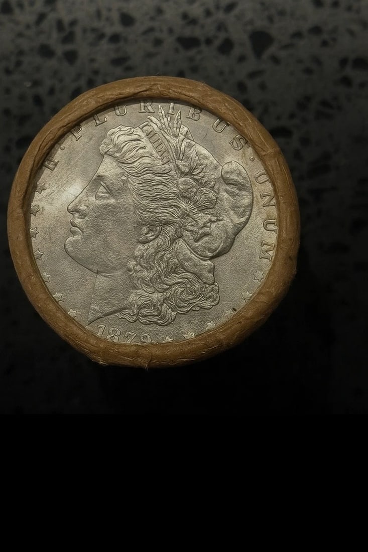 BU $20 Morgan Silver Dollar Roll 1879 & CC Ends: An original Brilliant Uncirculated (BU) sealed roll of Morgan Silver Dollars, featuring an 1879 coin on one end and a Carson City (CC) Mint coin on the opposite end. The roll remains sealed, with only