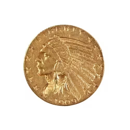 $5 Gold Indian 1909 Extra Fine: The 1909 $5 Gold Indian is an iconic example of early 20th-century U.S. coinage, designed by Bela Lyon Pratt. Struck with a distinctive incuse (sunken) design, this coin features a left-facing Native 