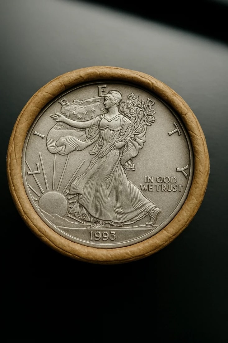 BU $20 1993 & 1993 1 oz Silver American Eagle $1 Coin Roll: This original Brilliant Uncirculated (BU) sealed roll contains 20 American Silver Eagle coins, each struck in 1 troy ounce of .999 fine silver. The roll features a 1993 coin on one end and a 1993 coin