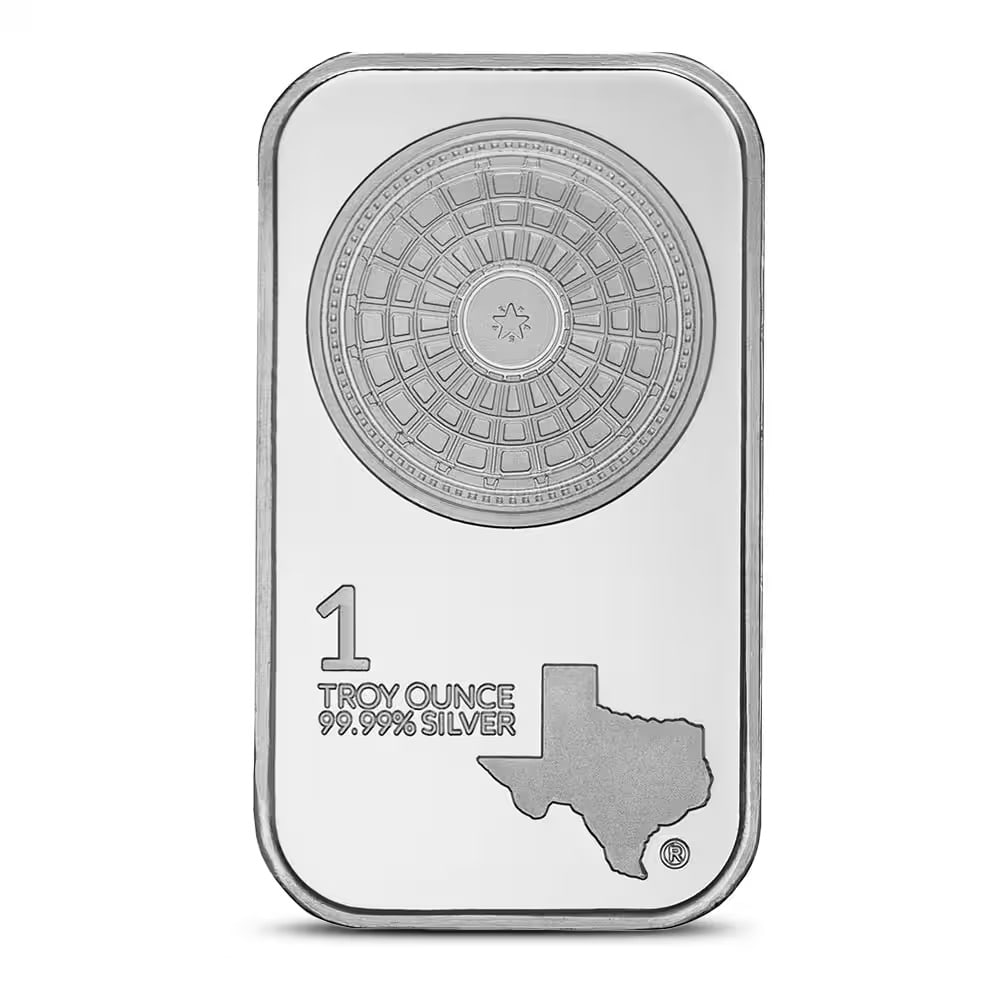 1 oz Texas Mint Silver Bar (New): Produced by the Texas Mint, this 1 oz silver bar contains .999 fine silver and showcases quality craftsmanship. A desirable bullion piece offering both collectible appeal and precious metal value. Bra
