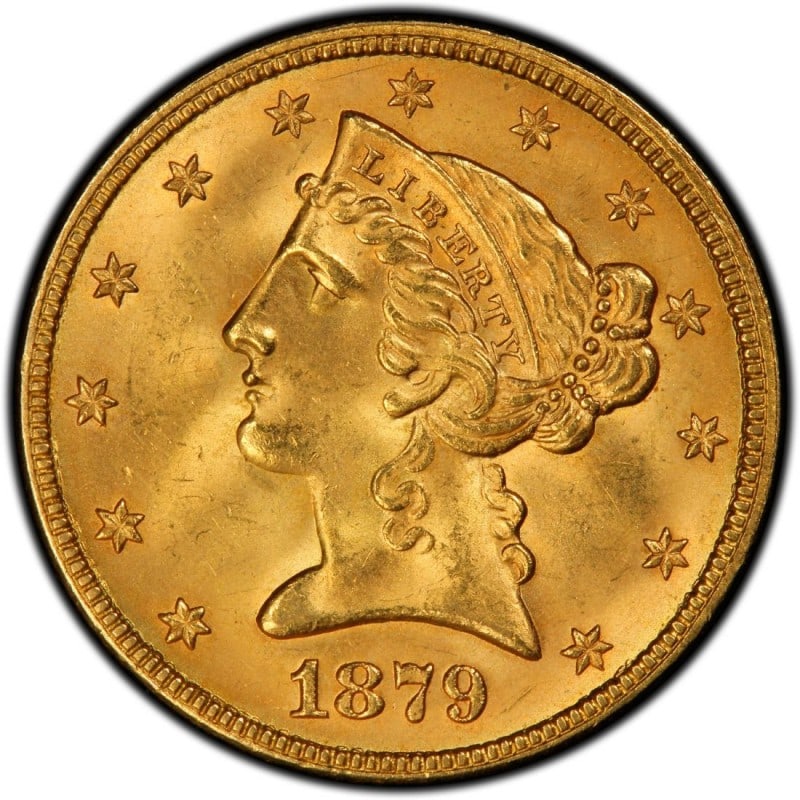 $5 Gold Liberty 1879 XF: The 1879 $5 Gold Liberty coin, part of the iconic Liberty Head series, is a distinguished piece of late 19th-century American coinage. Struck during a period of economic growth and craftsmanship, this