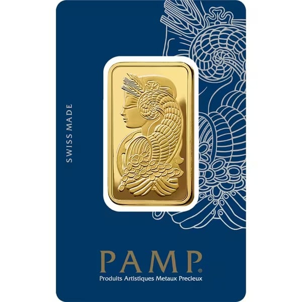 PAMP Suisse Fortuna One Ounce Gold Bar: This 1 oz PAMP Suisse Gold Bar features the iconic Fortuna design, symbolizing prosperity and abundance. Struck from .9999 fine gold, it is produced by the world-renowned Swiss refinery PAMP Suisse. E