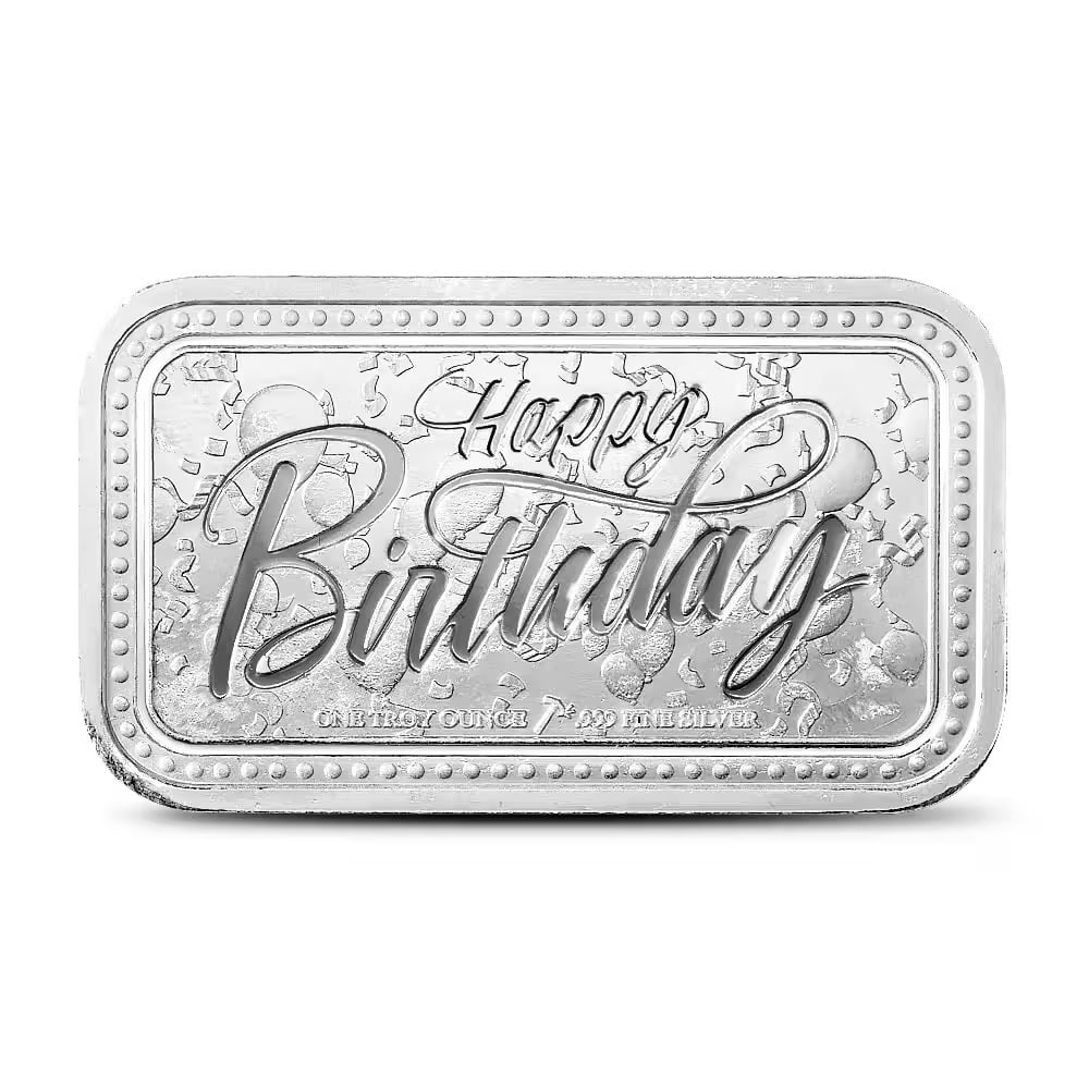 1 oz Silver Engravable Birthday Bar (New w/Gift Box): Celebrate a special birthday with this 1 oz .999 fine silver engravable bar. Presented in an attractive gift box, it provides space for a personalized message, making it a meaningful keepsake and prec
