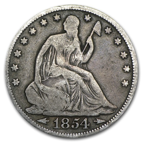 Seated Liberty Half Dollar Good 1854: The 1854 Seated Liberty Half Dollar in Good condition offers mid-19th-century Philadelphia mint heritage. Struck in 90% silver, it remains a desirable Civil Warera type piece