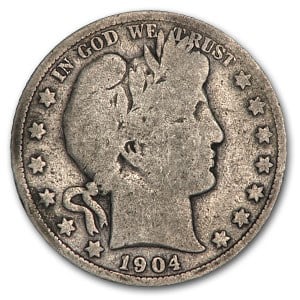 Barber Half Dollar Good Condition 1904-S: The 1904-S Barber Half Dollar in Good condition is a desirable low-mintage San Francisco issue. A 90% silver classic with strong collector demand even in circulated grades