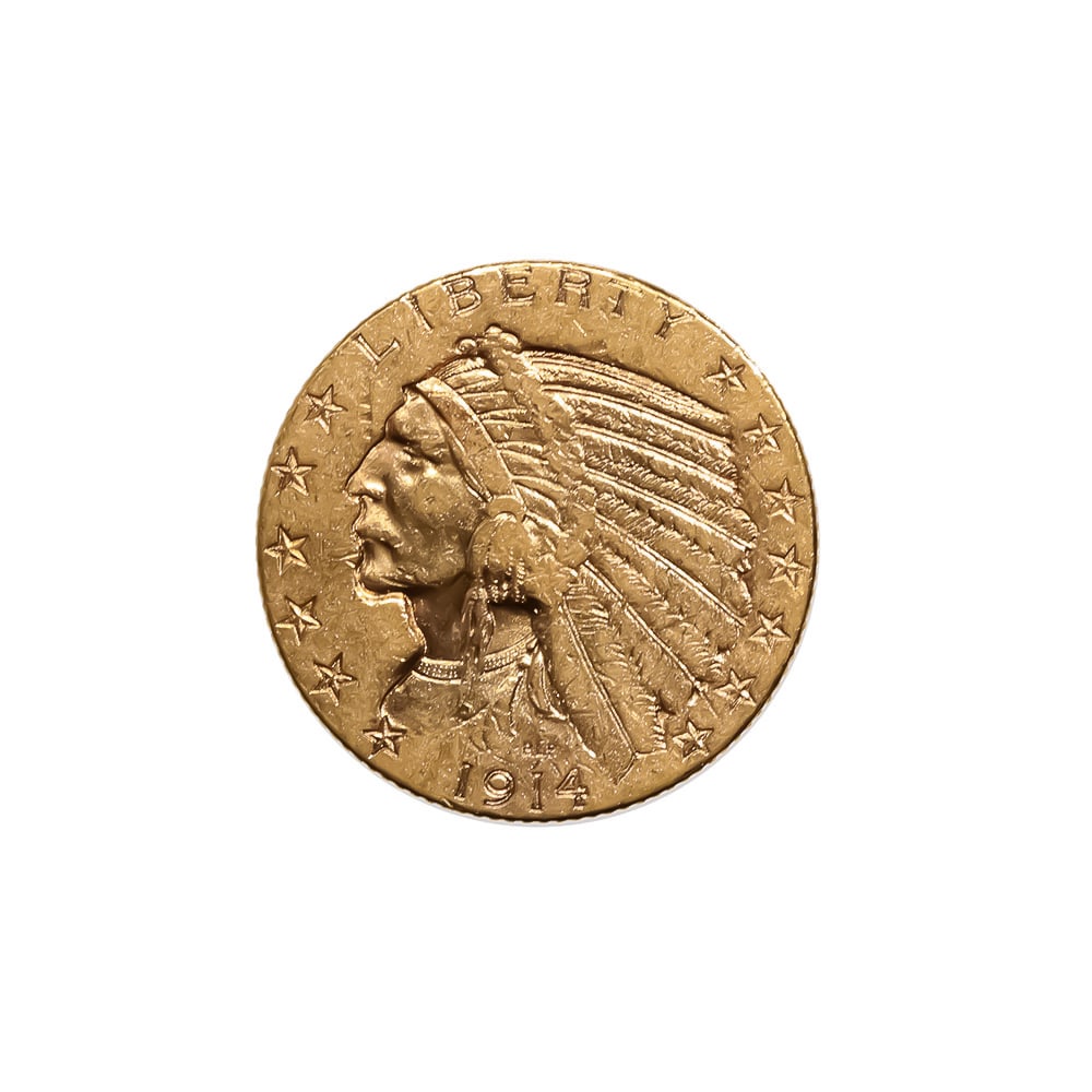 $5 Gold Indian 1914-S Extra Fine: The 1914-S $5 Gold Indian is a highly collectible coin from the innovative Indian Head Half Eagle series (19081929) designed by Bela Lyon Pratt. Struck at the San Francisco Mint with the ?S? mintmark,