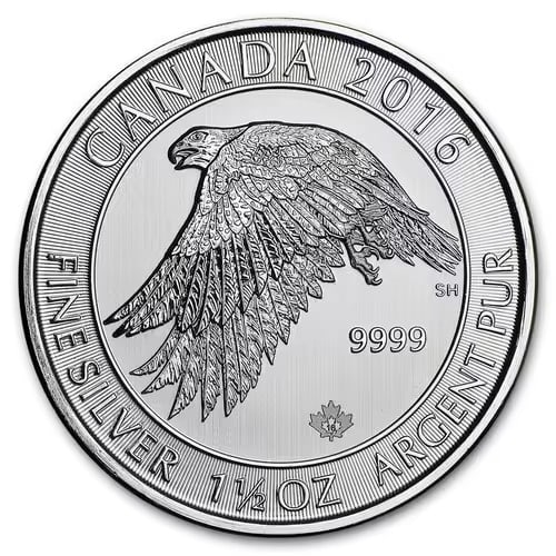 2016 Canadian Silver $8 White Falcon 1.5 Ounces: This 2016 Canadian $8 Silver White Falcon coin contains 1.5 troy ounces of .9999 fine silver and features a beautifully detailed white falcon design. Produced by the Royal Canadian Mint, this coin com