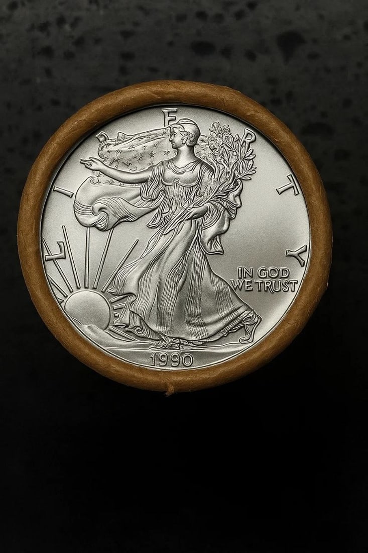 BU $20 1990 & 1990 1 oz Silver American Eagle $1 Coin Roll: This original Brilliant Uncirculated (BU) sealed roll contains 20 American Silver Eagle coins, each struck in 1 troy ounce of .999 fine silver. The roll features a 1990 coin on one end and a 1990 coin