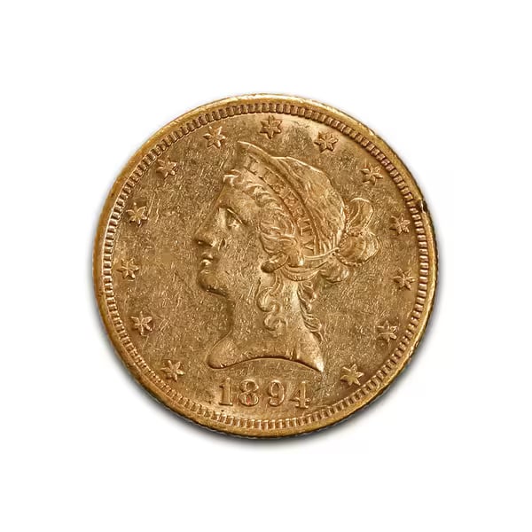 $10 Gold Liberty 1894-O XF: The 1894-O $10 Gold Liberty, struck at the historic New Orleans Mint, is a distinguished piece of late 19th-century American coinage. Known as the "Eagle," it embodies both the economic vitality and t