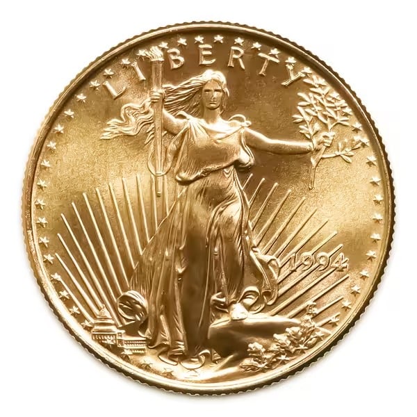 1994 American Gold Eagle 1/10 oz Uncirculated: Issued by the United States Mint, the 1994 American Gold Eagle 1/10 oz contains 1/10 troy ounce of gold and is struck in the official 22-karat Gold Eagle alloy for exceptional durability. Featuring Au