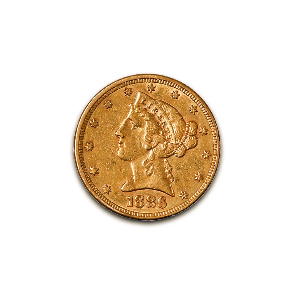 $5 Gold Liberty 1886 XF: The 1886 $5 Gold Liberty coin is a distinguished example of the Liberty Head series, reflecting the artistry, craftsmanship, and historical significance of late 19th-century American coinage. Struck a
