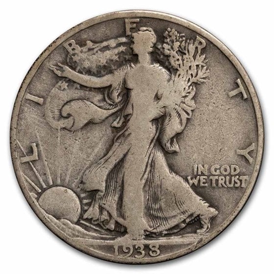Walking Liberty Half Dollar 1938-D G-VG: The 1938-D Walking Liberty Half Dollar in Good to Very Good condition represents the final Denver Mint issue of the series. A 90% silver semi-key date with steady collector interest