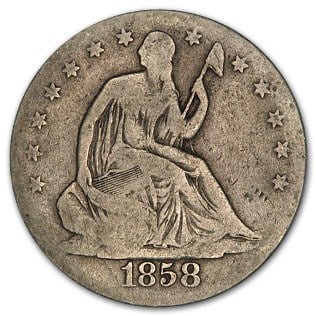 Seated Liberty Half Dollar Good 1858-O: The 1858-O Seated Liberty Half Dollar in Good condition showcases classic New Orleans mint character. A 90% silver pre-Civil War issue valued for its Southern mint history.