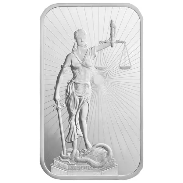 Lady Justice 5oz Silver Bar Kinesis Mint: Lady Justice 5oz Silver Bar – Kinesis Mint – Struck in .999 fine silver, this 5oz bar features a detailed engraving of Lady Justice, symbolizing fairness and impartiality, with scales and sword in