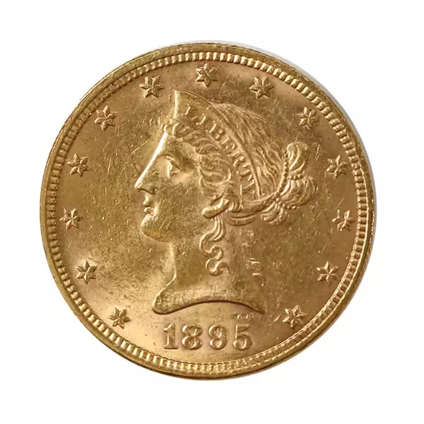 $10 Gold Liberty 1895 AU: The 1895 $10 Gold Liberty, also known as the "Eagle," is a distinguished piece of American numismatic history, reflecting the economic vitality and artistic craftsmanship of the late 19th century. Str