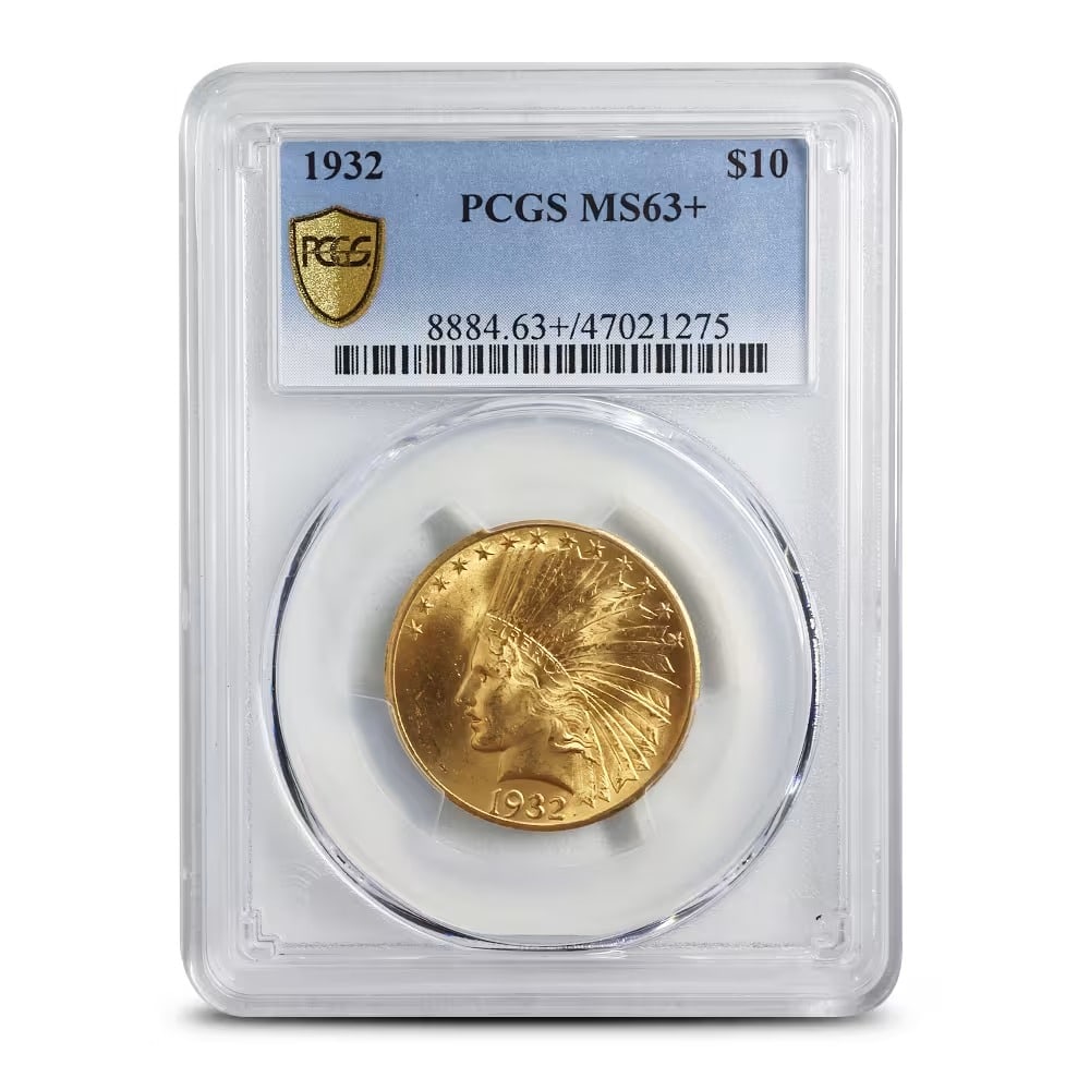 1932 Pre-33 $10 Indian Gold Eagle Coin MS63 (PCGS or NGC): This 1932 Indian Head Eagle contains 0.48375 Troy Ounce of gold and is certified MS63 by PCGS or NGC. Featuring the iconic incuse design by Augustus Saint-Gaudens and Bela Lyon Pratt, it is one of the
