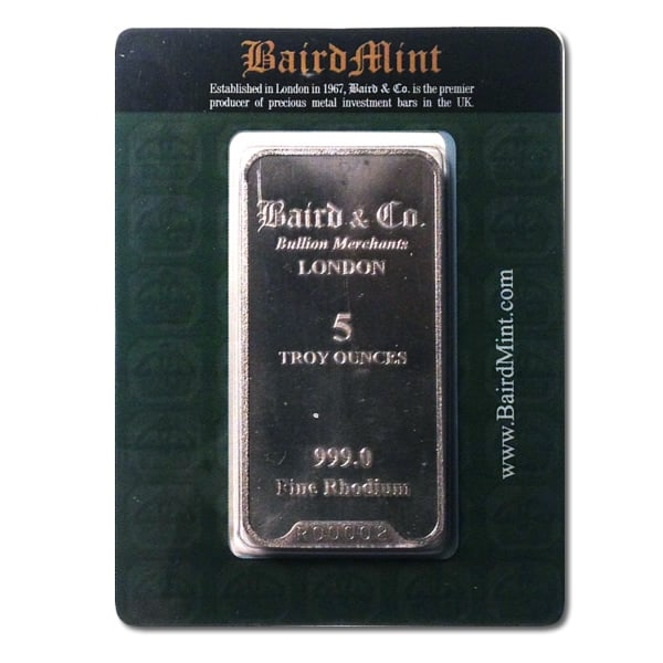 Baird Mint 5 Ounce Rhodium Bar: Baird Mint 5oz Rhodium Bar .999 pure, ultra-rare, and industrially prized, offering a sleek, polished investment in one of the world?s most valuable metals. Limited production with serial authenticati