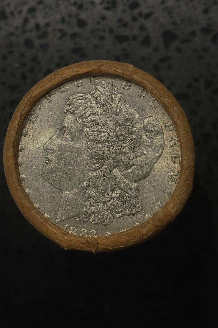 BU $10 Morgan Silver Dollar Roll 1883 & S Ends: An original Brilliant Uncirculated (BU) sealed roll of Morgan Silver Dollars, featuring an 1883 coin on one end and a San Francisco (S) Mint coin on the opposite end. The roll remains sealed, with onl