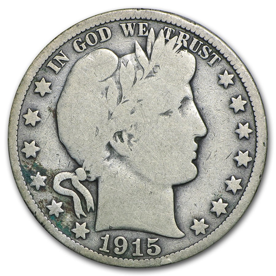 Barber Half Dollar Very Good 1915: The 1915 Barber Half Dollar in Very Good condition marks the final year of the series. A 90% silver closing-year issue with enduring collector appeal