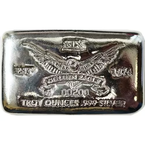 Golden Eagle 6 oz Silver Bar .999: Golden Eagle 6 oz Silver Bar .999 is a premium bullion product that combines substantial silver content, exceptional purity, and elegant design. Struck from 6 troy ounces of .999 fine silver, it is a 