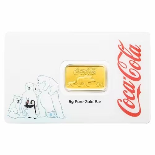 Pamp Suisse 5 Gram Gold--Coca-Cola Polar Bears: This 5 gram PAMP Suisse Gold Bar features the beloved Coca-Cola Polar Bears design. Minted from .9999 fine gold and produced by the prestigious Swiss refinery. The bar combines iconic branding with in