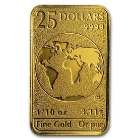 Canada 1/10 oz Gold $25 Bar BU Random Year: Canada 1/10 oz Gold $25 Bar BU (Random Year) contains 1/10 troy ounce of .9999 fine gold. Each bar comes packaged in protective plastic.