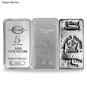 5 oz Generic Silver Bar .999 Fine: This 5 oz Generic Silver Bar is struck from .999 fine silver, offering a solid and affordable bullion option. Its simple design focuses on weight and purity, making it ideal for stacking. The compact 
