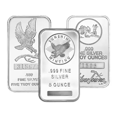 Random Manufacturer Silver Bar 5 oz: Random 5oz Silver Bar Generic Mint Acquire .999 fine silver at a low premium with these 5oz bars, randomly selected from reputable mints. Ideal for beginners or bulk investors, condition may vary, but