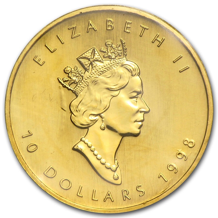 1998 Canada 1/4 oz Gold Maple Leaf BU: 1998 Canada 1/4 oz Gold Maple Leaf BU, struck in 1/4 troy ounce of .9999 fine gold, combines iconic Canadian design with investment-grade purity. Each coin comes sealed in mint plastic to preserve its