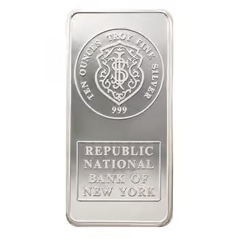 10 oz Johnson Matthey JM Republic National Bank Silver Vintage Bar: The 10 oz Johnson Matthey Republic National Bank Silver Bar is a sought-after vintage issue. Struck in fine silver by Johnson Matthey, it carries historic refinery prestige. Its classic stamped design