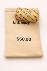 $10 CC & CC Morgan BU & $50 Morgan BU bag mix: This premium lot includes one sealed $10 roll of Brilliant Uncirculated Morgan Silver Dollars featuring Carson City (CC) mint-mark coins on both ends, along with a $50 bag of BU Morgan Silver Dollars.