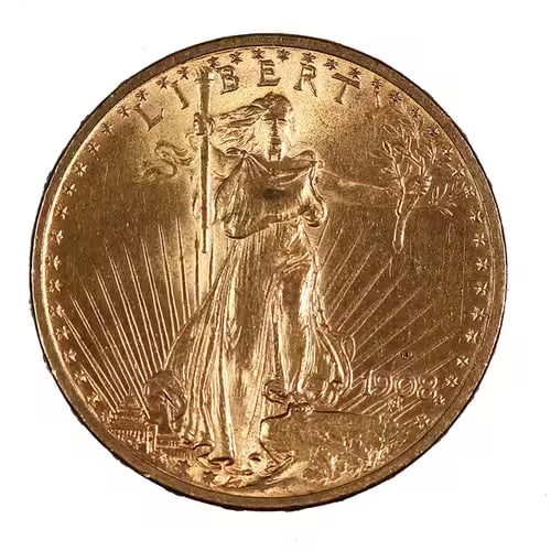 $20 Gold Saint Gaudens 1908-D w/ Motto AU