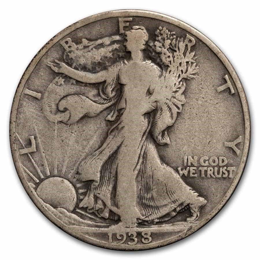 Walking Liberty Half Dollar 1938-D G-VG: The 1938-D Walking Liberty Half Dollar in Good to Very Good condition represents the final Denver Mint issue of the series. A 90% silver semi-key date with steady collector interest