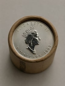 10 QTY $5 Coin 1993&1993 Elizabeth-2 Canadian Maple roll: An original Brilliant Uncirculated (BU) sealed roll containing 10 Canadian Silver Maple Leaf coins, each struck in 1 oz of .9999 fine silver. This roll features the 1993 date on both ends, showcasing 