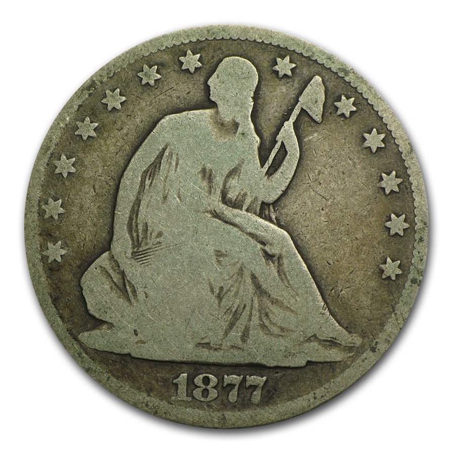 Seated Liberty Half Dollar Good 1877: The 1877 Seated Liberty Half Dollar in Good condition is a later-date issue from the series? final decades. A 90% silver classic with steady collector demand.