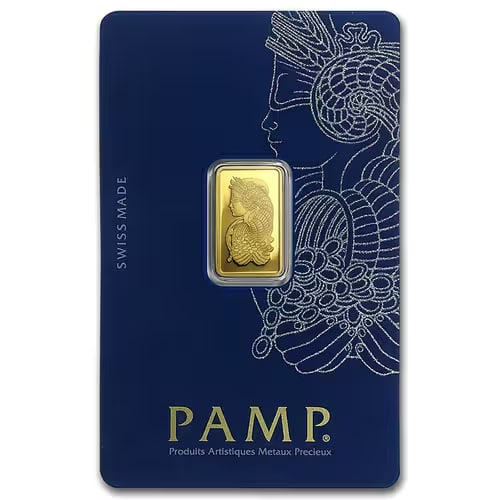 PAMP Suisse 2.5 Gram Gold Bar: PAMP Suisse 2.5 Gram Gold Bar Lady Fortuna Design struck from .9999 fine gold by PAMP Suisse, featuring the iconic Lady Fortuna motif symbolizing luck, prosperity, and abundance.