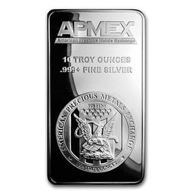 10 oz Silver Bar: This 10 oz Silver Bar is composed of .999 fine silver and produced in a standard rectangular bullion format. The bar displays precise weight and purity inscriptions with a consistent mint finish. A st