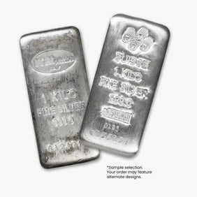 1 Kilo Silver Bar - Random Design: Acquire substantial silver content with the 1 Kilo Silver Bar – Random Design. Each bar contains 1 kilogram of .999 fine silver from a reputable mint, with design and brand selected based on availab