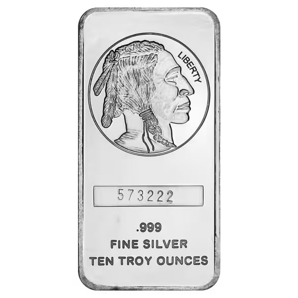 SilverTowne 10 oz Silver Bar - Buffalo Design: This 10 oz SilverTowne Silver Bar – Buffalo Design is struck in .999 fine silver and features a detailed buffalo motif. The bar combines classic American imagery with 10 troy ounces of investment-gr